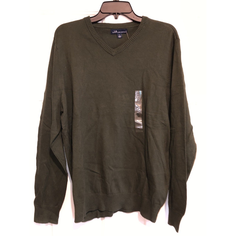 New John Ashford Sweater Men's Large Green Pullover V-neck light weight
